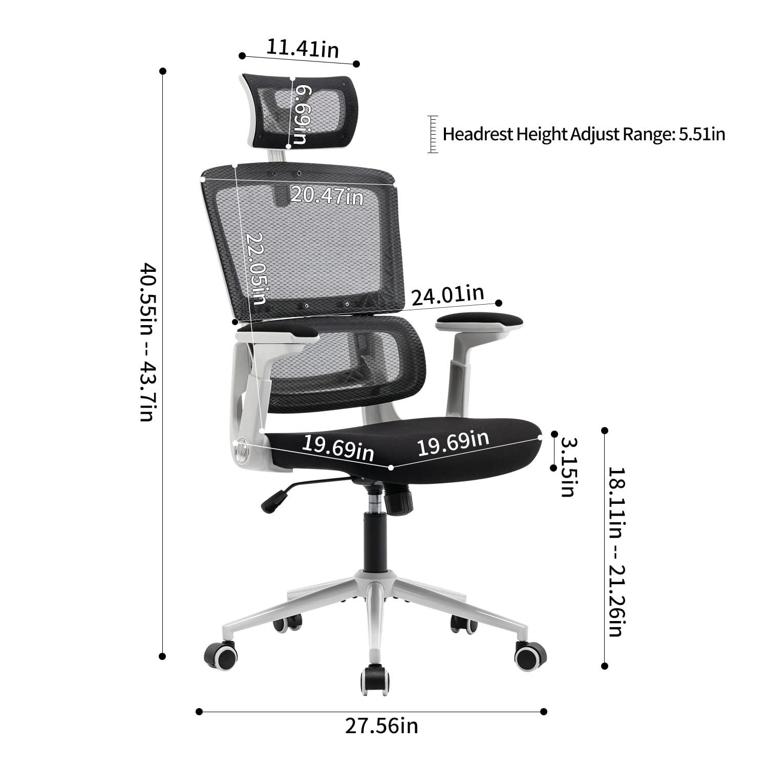 Height-Adjustable Office Chair Ergonomic Office Chair High Back Mesh Computer Chair with Lumbar Support Swivel Rolling Chair with Adjustable Headrest for Home and Office