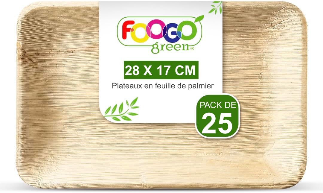 FOOGO Green 25 Plateaux de Service Jetables Feuille de Palmier, Moyens Profonds 28x17 cm, Pizza, Entrées, Canapés, Planche Charcuterie, Robuste et Ecologique Comme Plateaux en Bois pour Plats Chauds