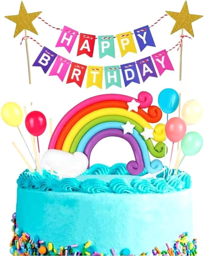 Rainbow Cake Topper Kit - Birthday Cake Topper, 3Pcs Balloon Cake Topper Kids Cake Decoration For Birthday Baby Shower Party, Trolls Cake Topper, Colorful Rainbow Clouds Balloon Stars Party Supplies