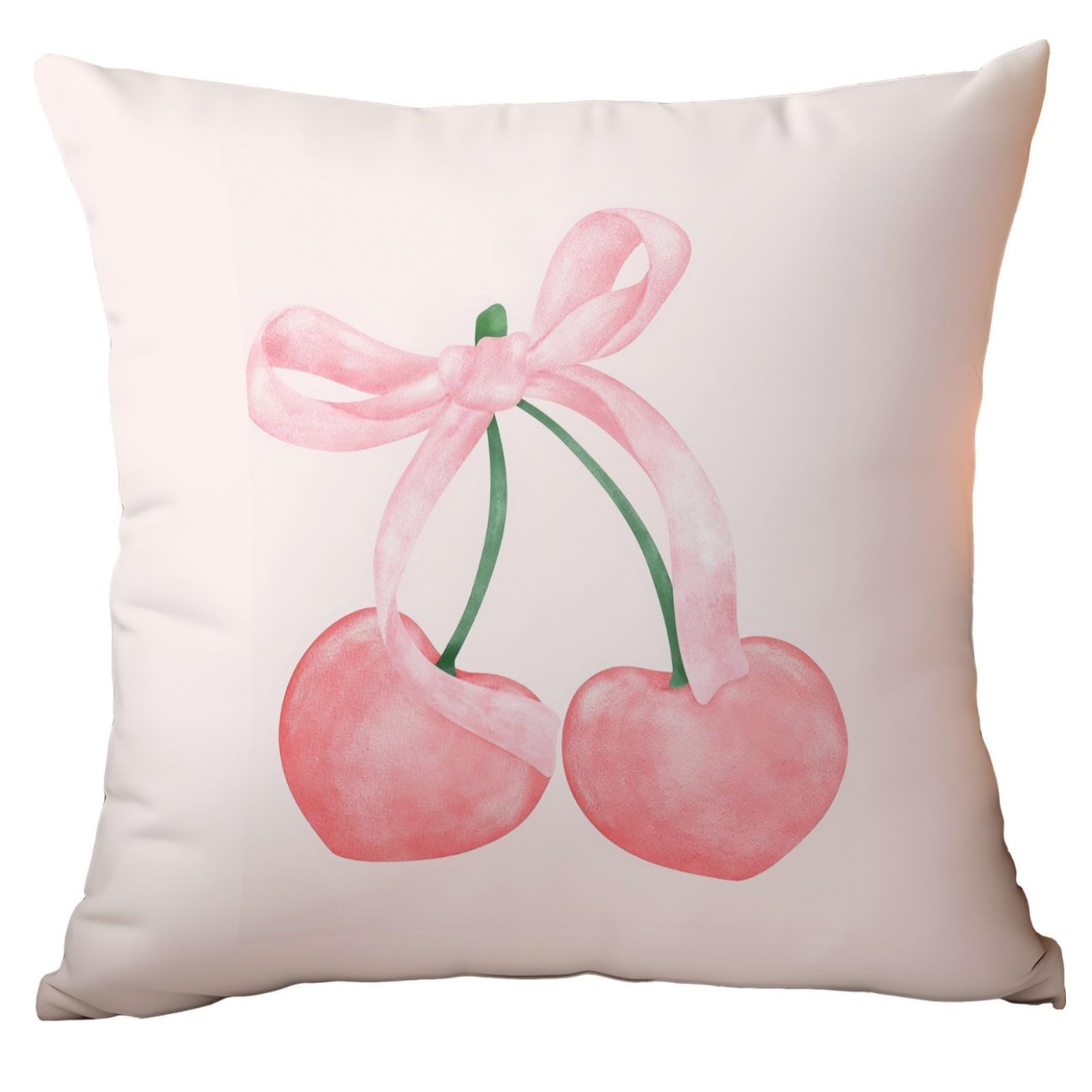 Cushion Covers 60cm x 60cm Pink Cherry Bow Garden Cushions Soft Fabric Pillow Case Short Plush Outdoor Cushion Covers for Car Office Throw Pillow with Invisible Zipper