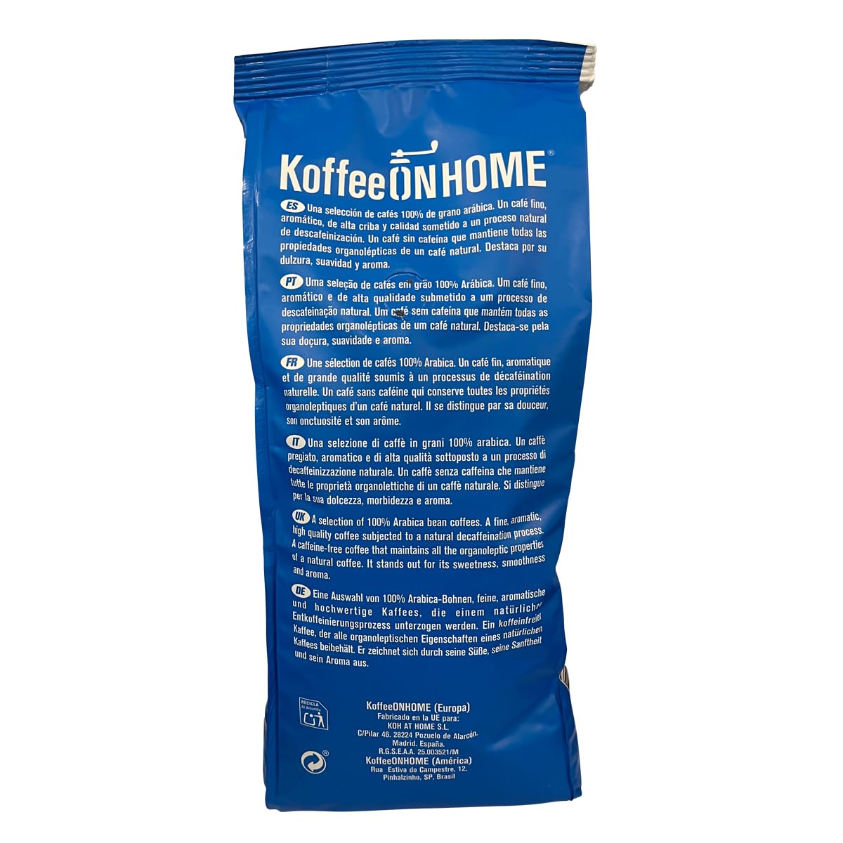 KoffeeONHOME Café en Grano Descafeinado al Agua, 100% Arábica, Tueste Natural, 1 kg