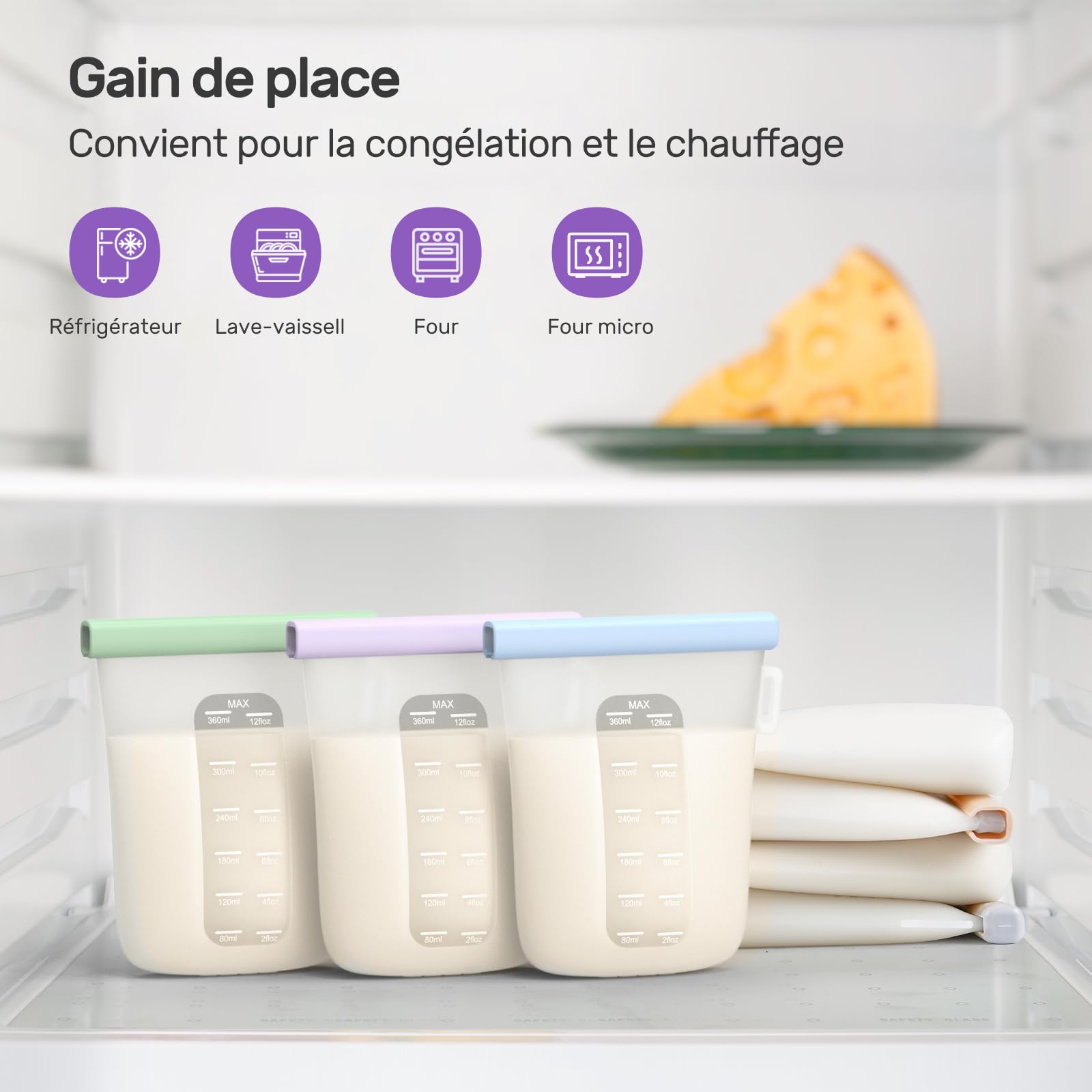 Nuliie Silicone Sachet Conservation Lait Maternelle Lot de 7, 12oz/360ml Doublement Étanches Sac Congelation Lait Maternel, Sans BPA Sacs à Lait Autoportants pour L'allaitement