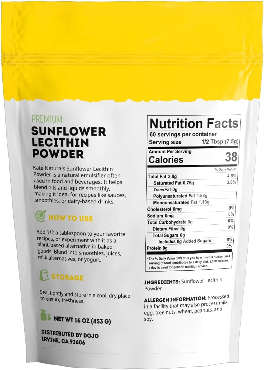 Kate Naturals Sunflower Lecithin Powder for Baking Bread, Gummies, Cooking. Lecithin Supplement for Clogged Milk Ducts. Substitute for Soy Lecithin Powder (16oz, Non-GMO)