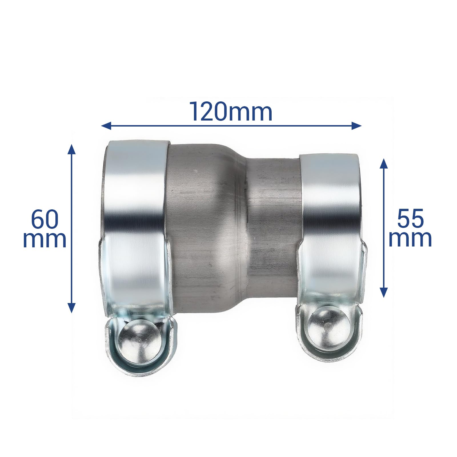 Manchon Reducteur Echappement 55 mm à 60 mm Collier Echappement pour 120 mm Réducteur Bande Tuyau D'échappement Acier Inoxydable Collier de Serrage Double D'échappement Manchon Raccord