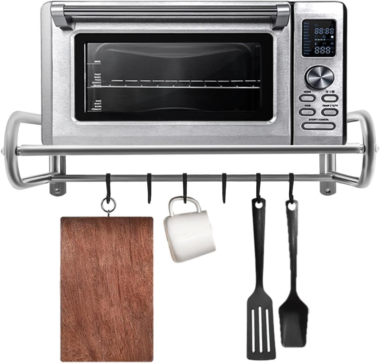 LVSEWOA Microwave Oven Rack Wall Mounted Microwave Shelf with 6 Hooks Adjustable Kitchen Stand Stainless Steel with Guardrail 53 x 38 x 18cm Max. 30kg Silver