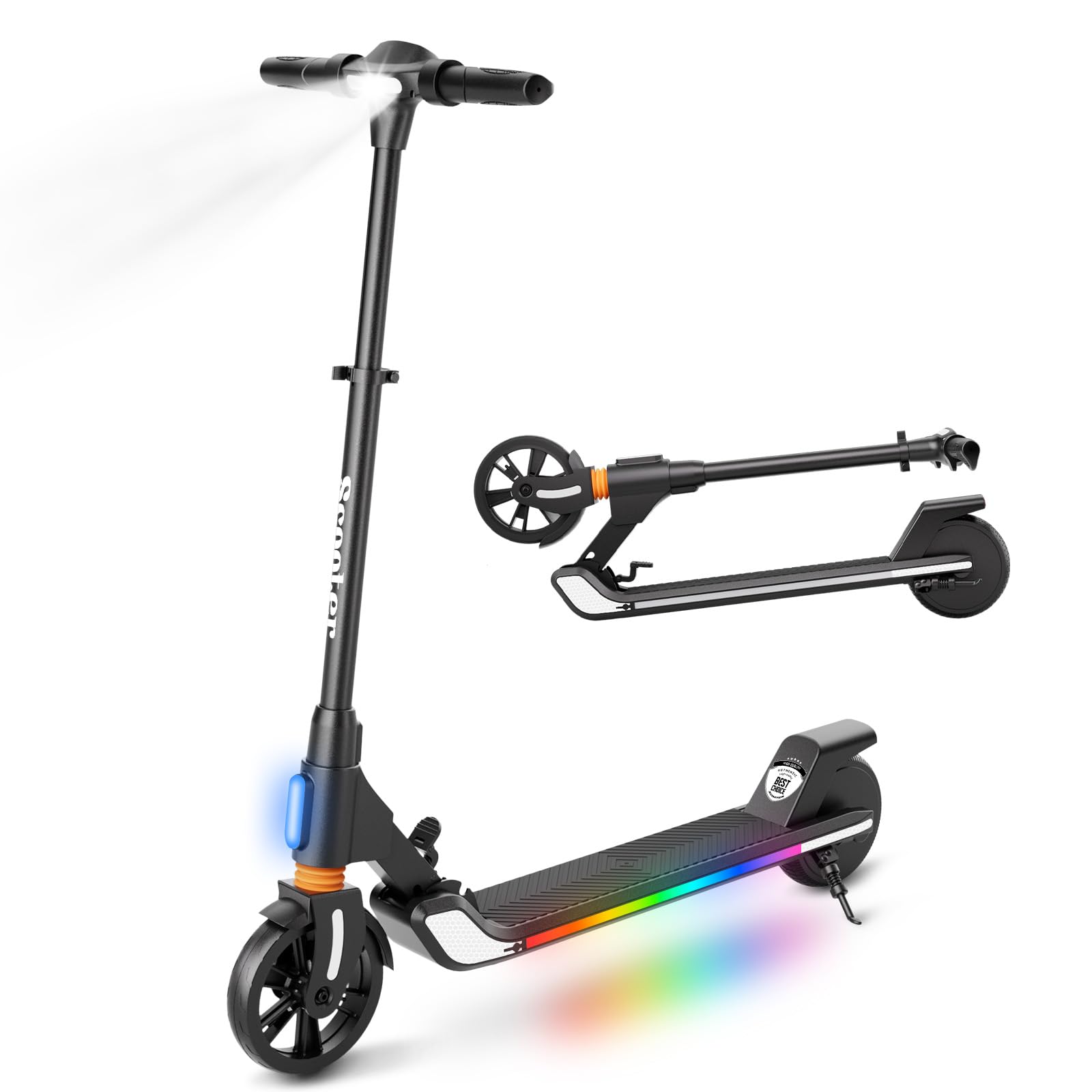 Trottinette Electrique Enfant, pour Enfants 8-16, 200W, Réglable en Hauteur, Max 20 km/h, Double Frein, Amortisseur Avant, Lumières LED Colorées, Affichage LED, Pliable et Légère.