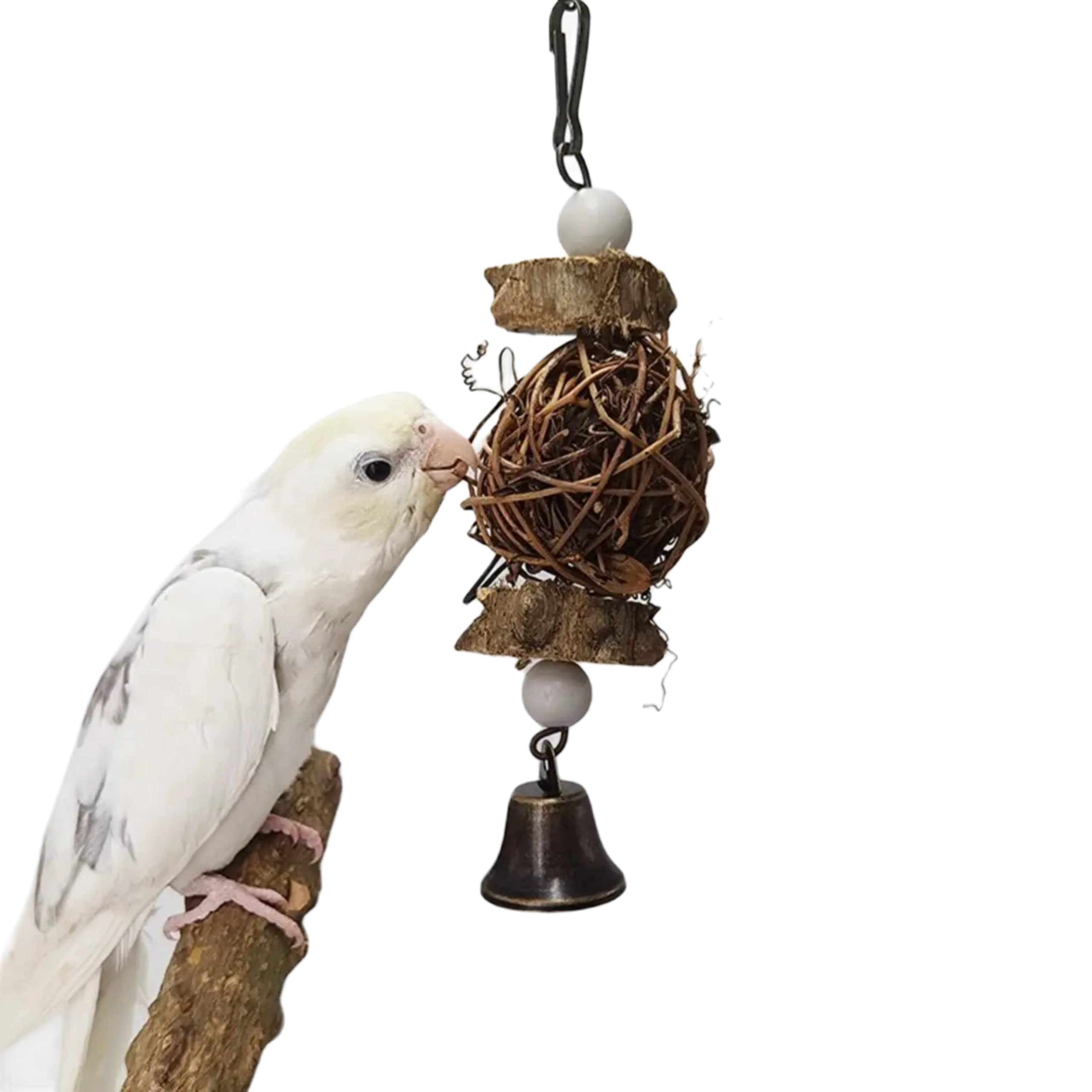Bird Chewing Toys-Natural Wood Hanging Bird Cage Toys Set-Bird Swing Toys for Parrots, Parakeets, Cockatiels, Lovebird, Budgie, Conures (Rattan with Bell)