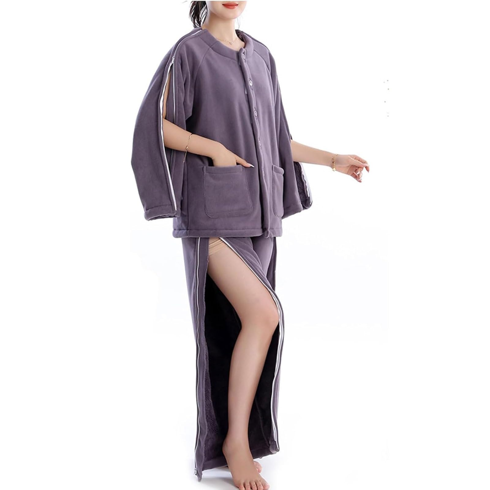 Pijama de lactancia engrosado, conjunto pijama postoperatorio desmontable, ropa adaptable con cierres laterales for personas mayores y discapacitadas Exfoliantes Suaves(XL)