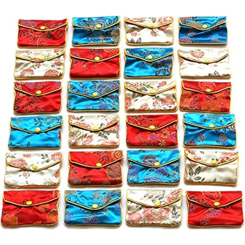 AnsonsImages 24pcs 4x2.75 Inches Chinese Silk Jewelry Pouches Mix Colors Red Gold Turquoise Cover