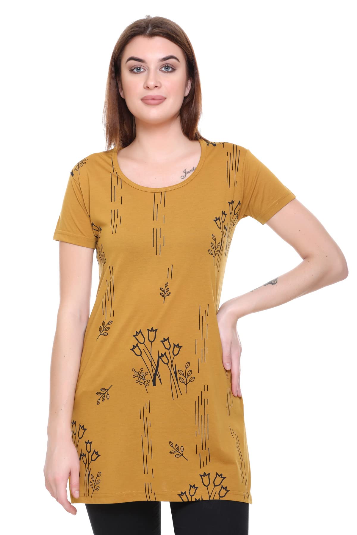 RYSHWomen's Plus Size Longline T-Shirt with Ethnic Print, Side Slits Pockets