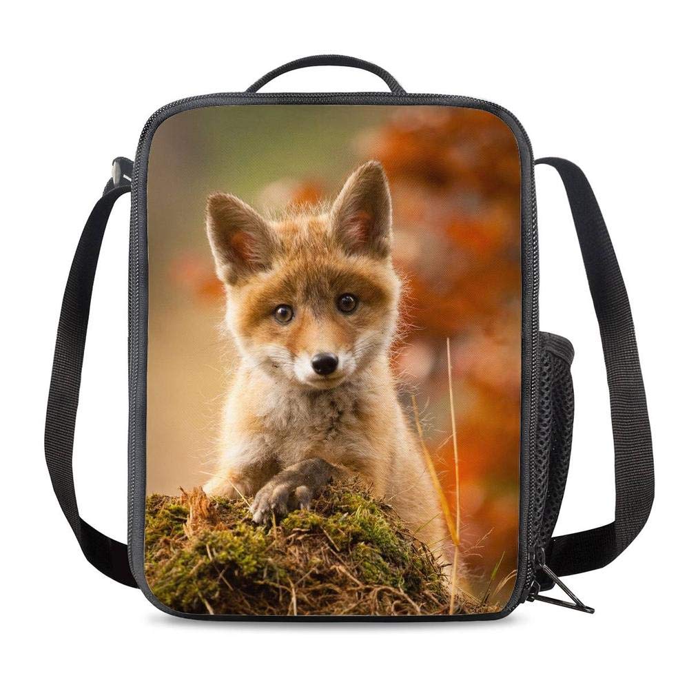 PrelerDIYCute Baby Fox Lunch Bag Tote Lunch Box Food Bag with Zipper & Side Pocket & Shoulder Strap