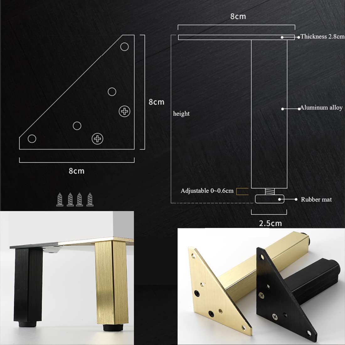 Juego de 4 patas de metal ajustables de 400 mm, patas de sofá y cama de aleación de aluminio duraderas para muebles de baño y sala de estar, diseño cuadrado, fácil instalación