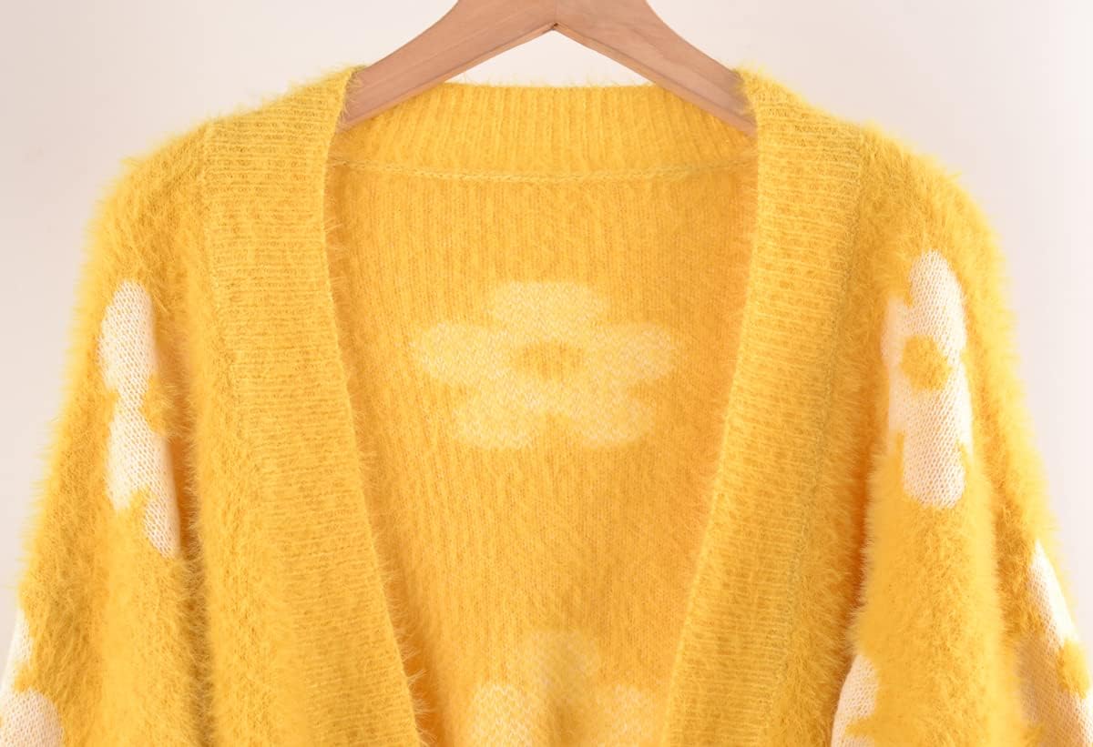 chouyatou Women's Fuzzy Daisy Printed Cropped Cardigan Open Front Jacquard Knit Sweater Tops - Image 5