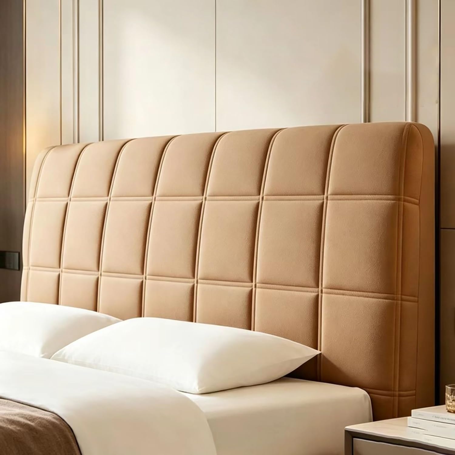 TLMQYXZE Headboard Slipcover，Bed Headboard Cover Protector Padded Velvet Dustproof Stretch Solid Color Quilted Bed Head Covers， For Twin Queen Full California King Size Beds(Khaki,210x70cm)