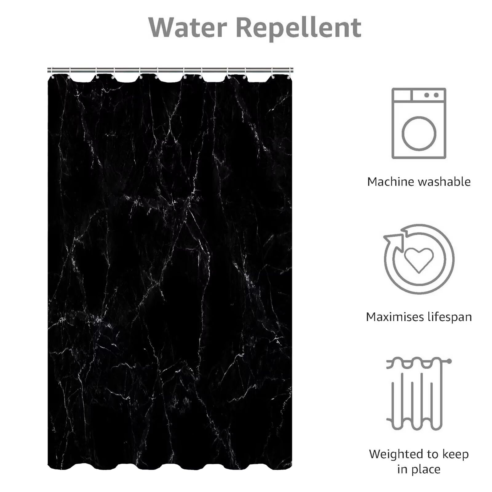 Noir Rideau Douche 180x200cm Rideau de Douche Rétro Shower Curtain – Impression Polyester Tissu – avec 12 Crochets – Tissu Lavable en Machine – Imperméable – pour Salle de Bain – Hôtel D#368