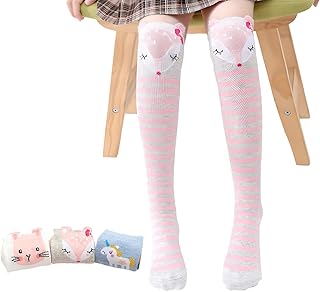 [VIXA] 3足セット ガールズハイソックス 可愛い 動物柄 膝丈 子供靴下 ラブリー プリンセス 綿 ワンサイズ 柔らかい 綿 踵なし メロー 室内 入学式 卒業式 通学 通園 ギフト 40cm