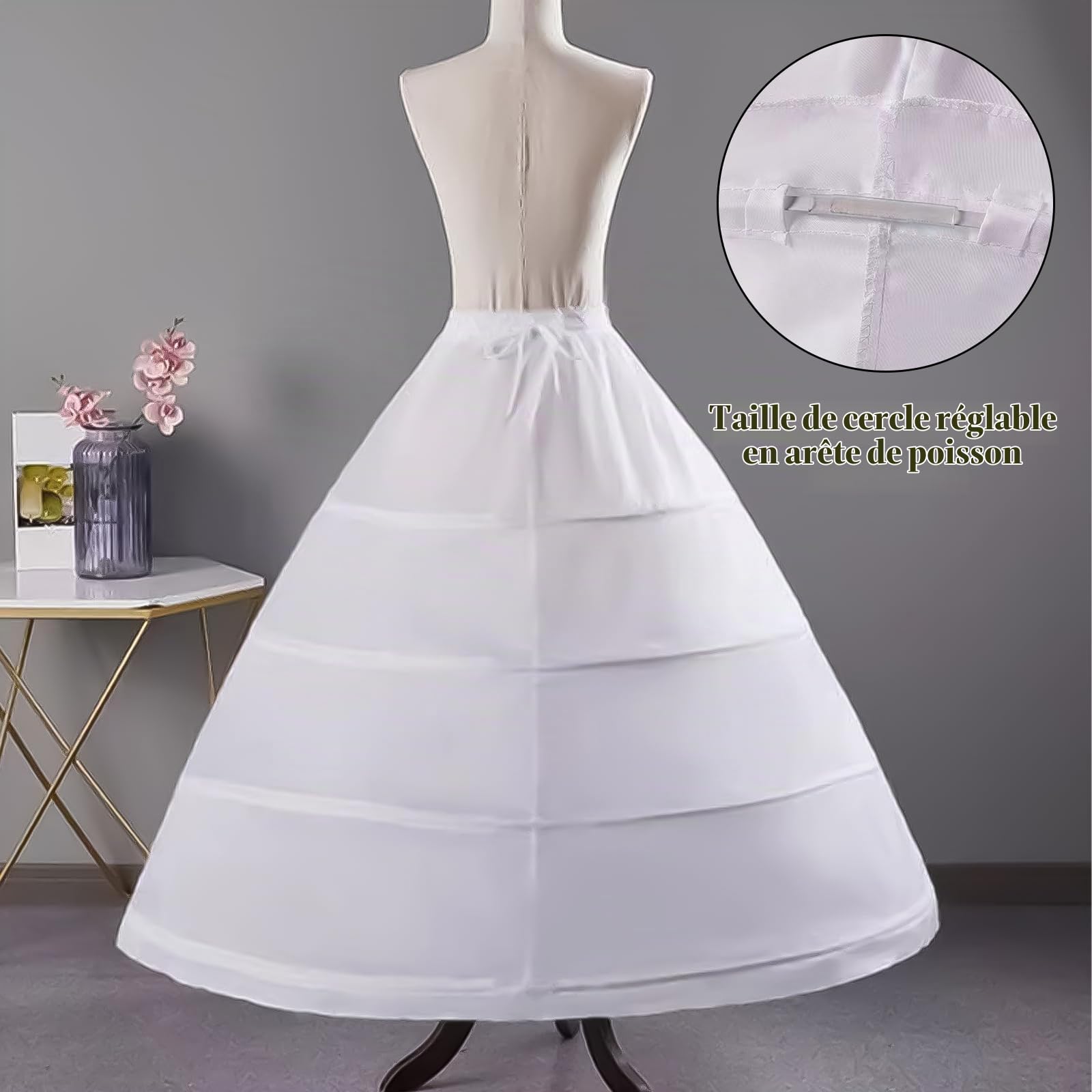 Jupon Robe De Mariée -Jupon à 4 cerceaux pour Femme - Longueur au Sol - Crinoline - Blanc - Élégance et Confort