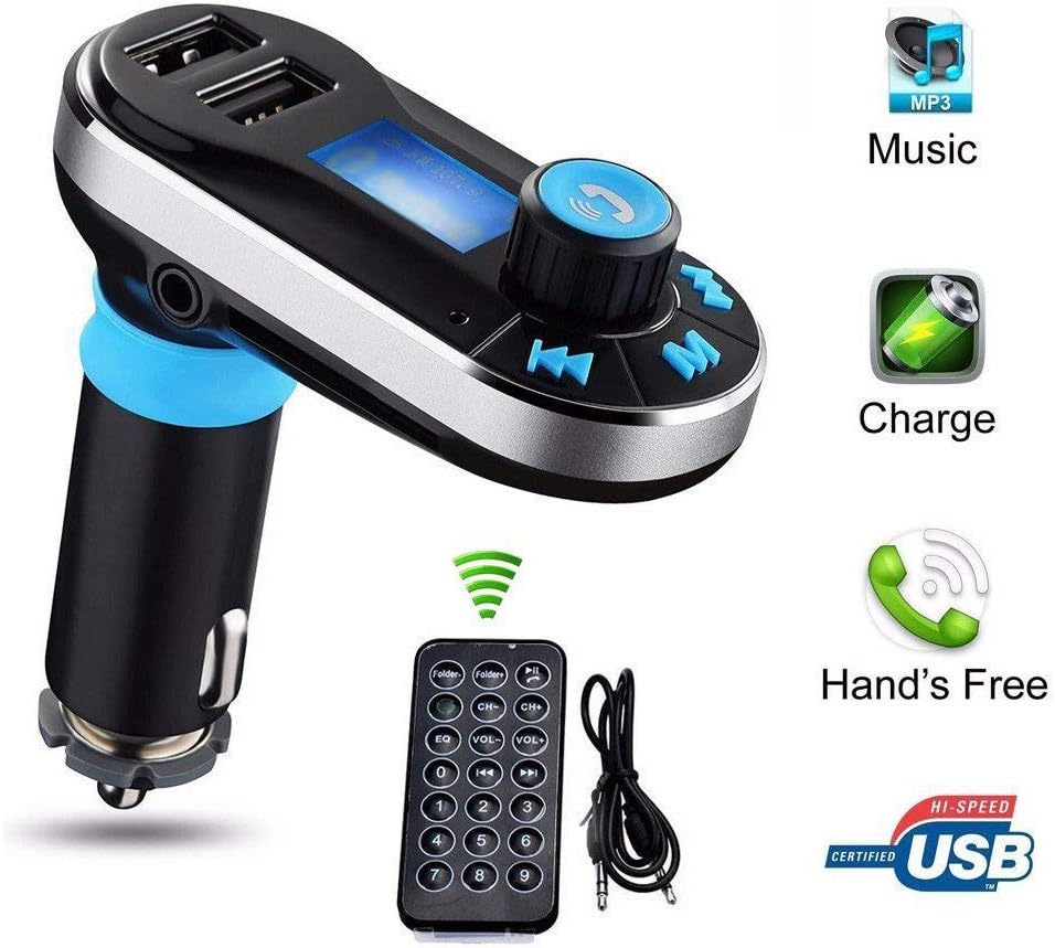 Eunavi FM Transmitter Bluetooth FM Transmitter 5in1 Wireless Bluetooth Car Music Player FM Transmitter Dual USB Car Charger Support SD/TF Card Music Control Hands-Free Calling for IPhone etc (blue)