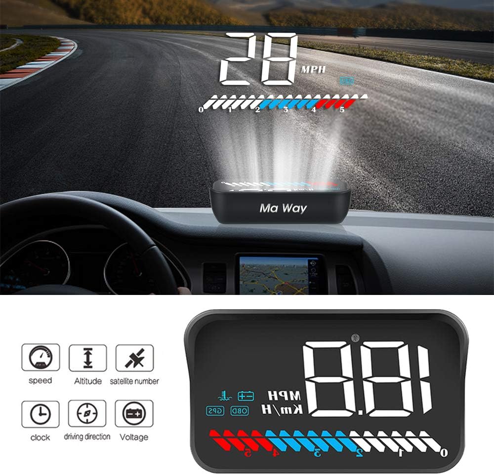 Ma Way Car HUD Head up Display, 3.5โHUD GPS OBD2 Dual System, Speedometer Alarm, Engine RPM, Voltage, Water Temperature, Mileage,Travel Time Universal for All Cars