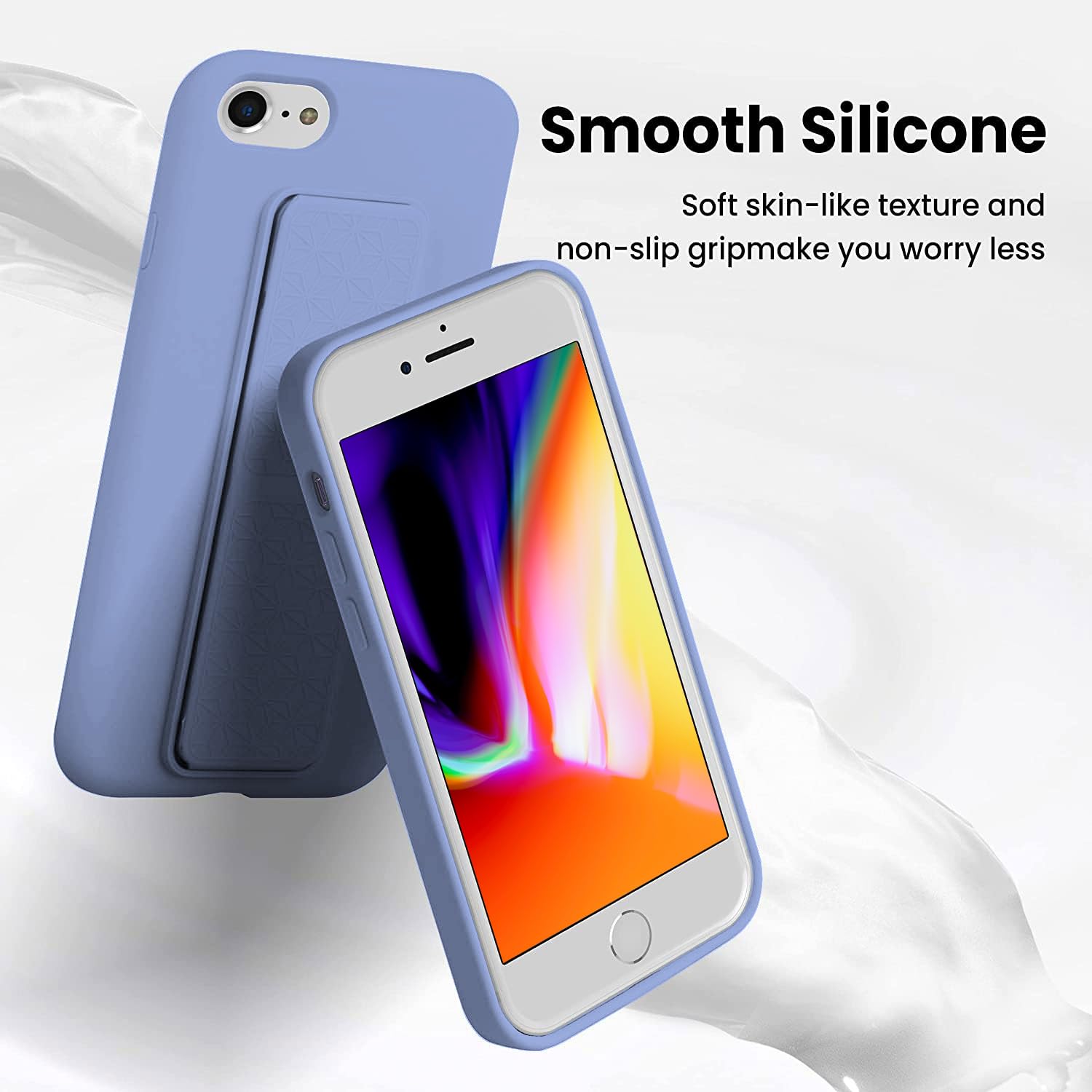 LAUDTEC - Funda de silicona compatible con iPhone 7/8/SE, soporte vertical y horizontal, correa de mano de metal, funda flexible de silicona líquida suave para iPhone 7/8/SE (morado)