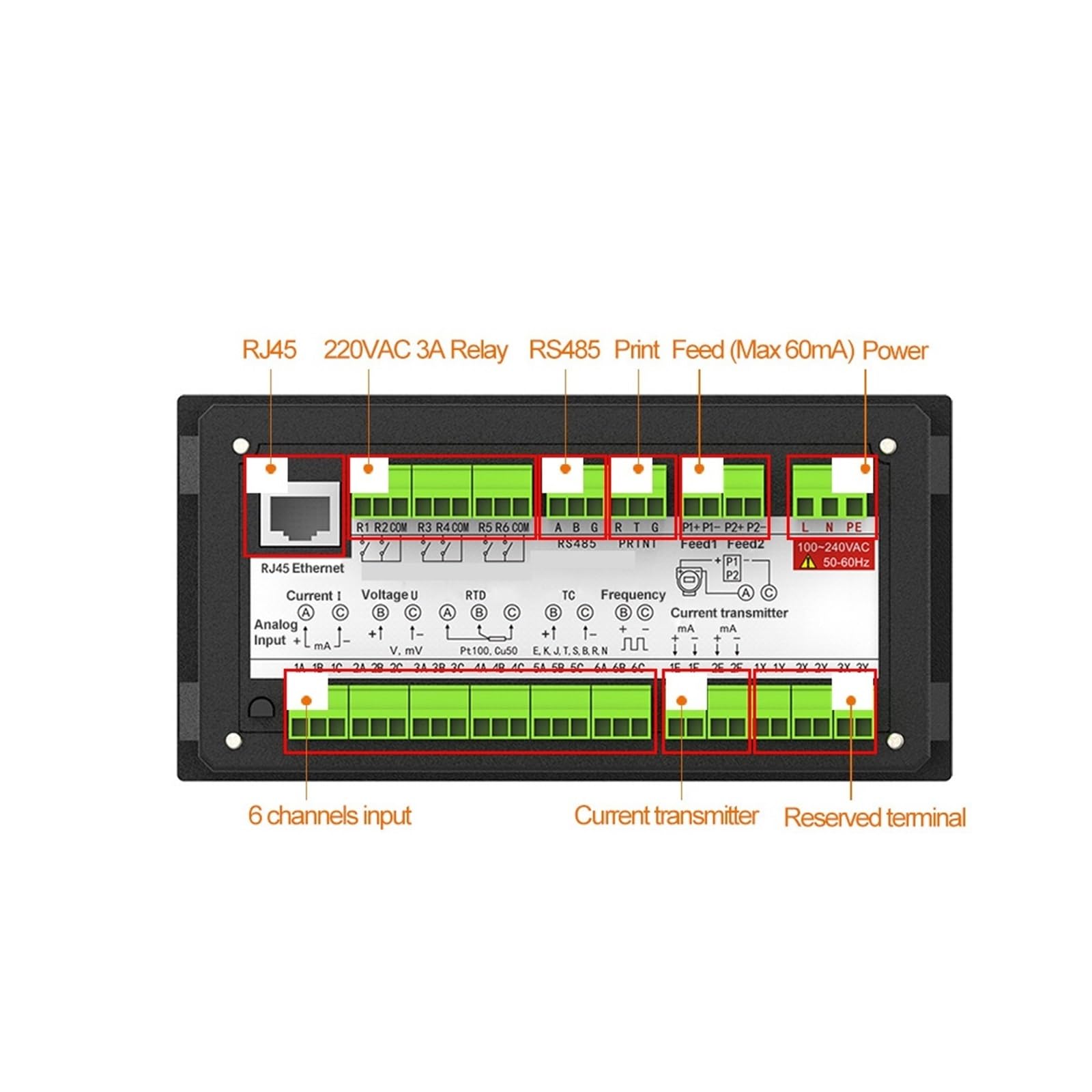 1 2 3 4 5 6 Industrie-Bildschirmschreiber Temperaturdaten Strom Spannung Druck Füllstand Datenlogger 4-20mA RS485(1 Channel RS485 220V)