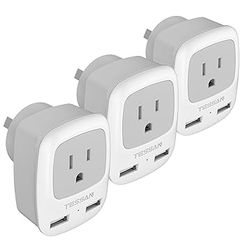 TESSAN Australia New Zealand Power Plug Adapter 3 Pack, Australian Travel Adapter 3 in 1 US Grounded Outlet with 2 USB Ports for USA to Au New Zealand Fiji Argentina China (Type I)