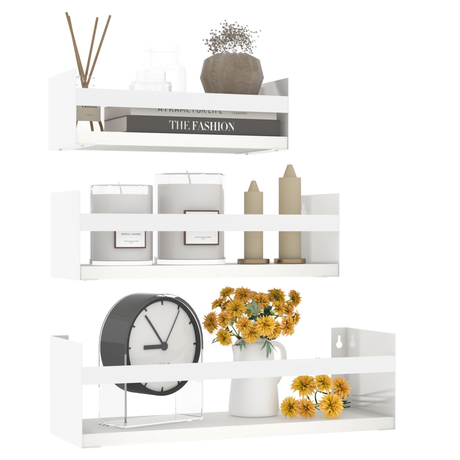 RLAVBL Estantes de Pared, Juego de 3, Estantes de Pared Flotantes de Madera y Metal, Blancas, para el la Cocina, el Baño, la Sala de Estar y la Oficina.