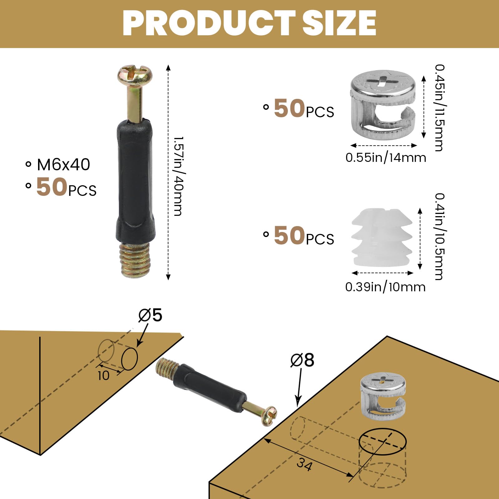 50 stuks excentrische verbindingen voor meubels, schroeven en pluggen, lichaamsverbindingen, schroeven met afdekrand M6 x 40 mm, M6 moeren voor meubels, kast, lade