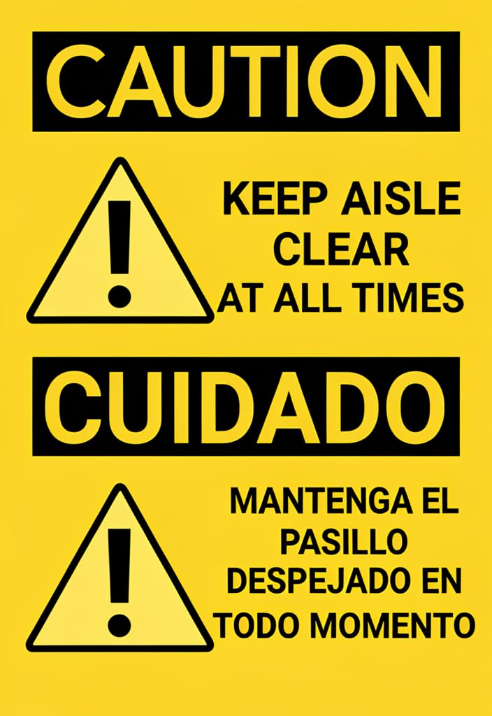 peiyeety CAUTION Keep Aisle Clear at All Times Tin Sign 12x8 Inch, Bilingual English Spanish CUIDADO Safety Warning Metal Wall Decor for Warehouse, Shop, Garage, Office & Home