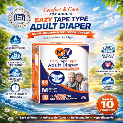 Image of Premium Unisex Eazy Tape Style Easy Adult Diapers With Wetness Indicator, Fast Absorption, Leakproof, Odour Lock & Anti-Bacterial | Medium Size | 10 Count (Pack of 1)