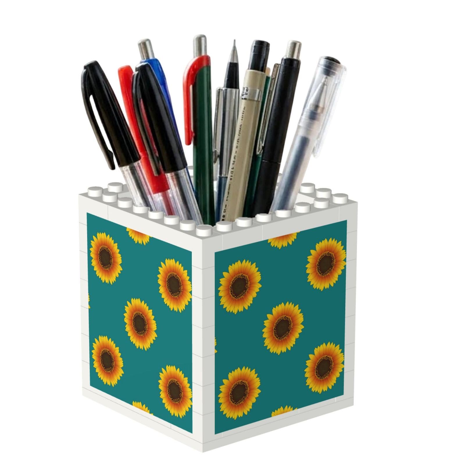 Poadnly Sunflower Seamless On Green Teal Background, Pen Pot Pencil Holder for Office Home School, Compact Desk Organiser for Office Stationery