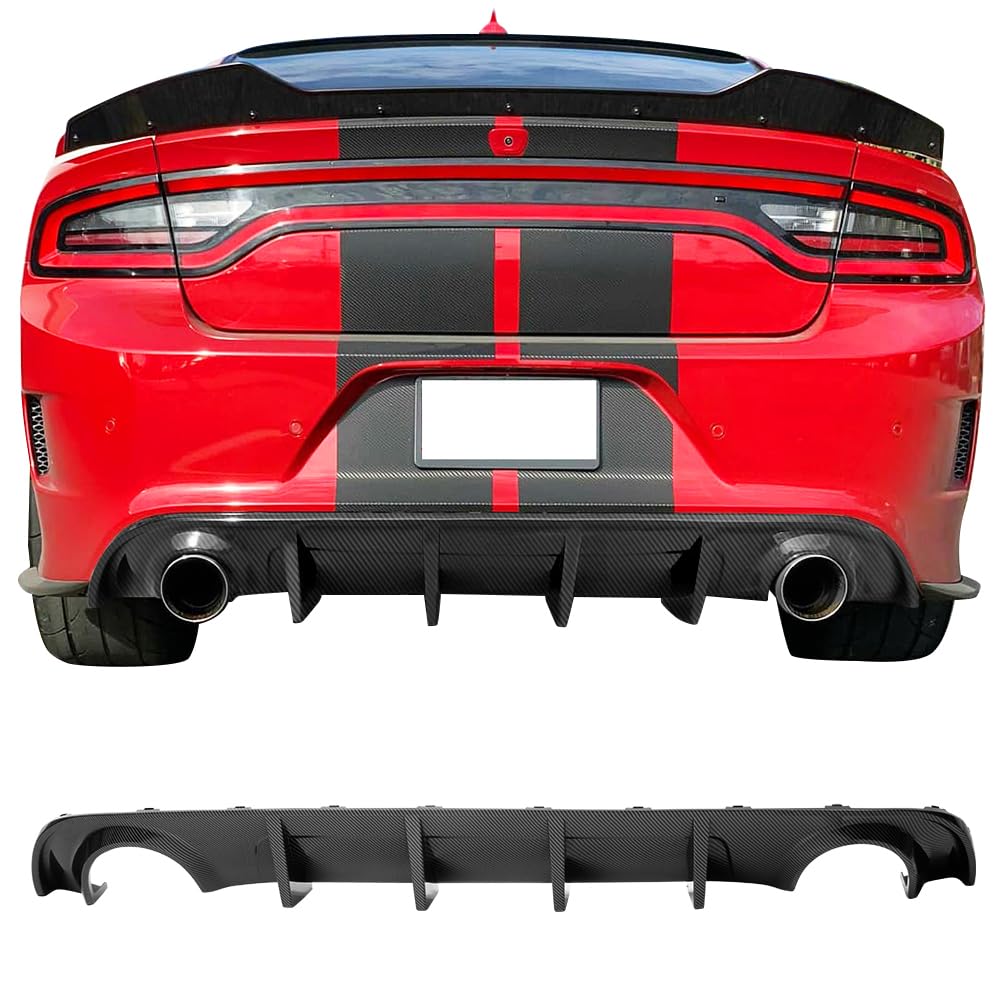 IKON MOTORSPORTS, Rear Bumper Diffuser Compatible with 2015-2023 Dodge Charger Base & SXT, Rear Bumper Lip Diffuser Splitter Carbon Fiber Print PP