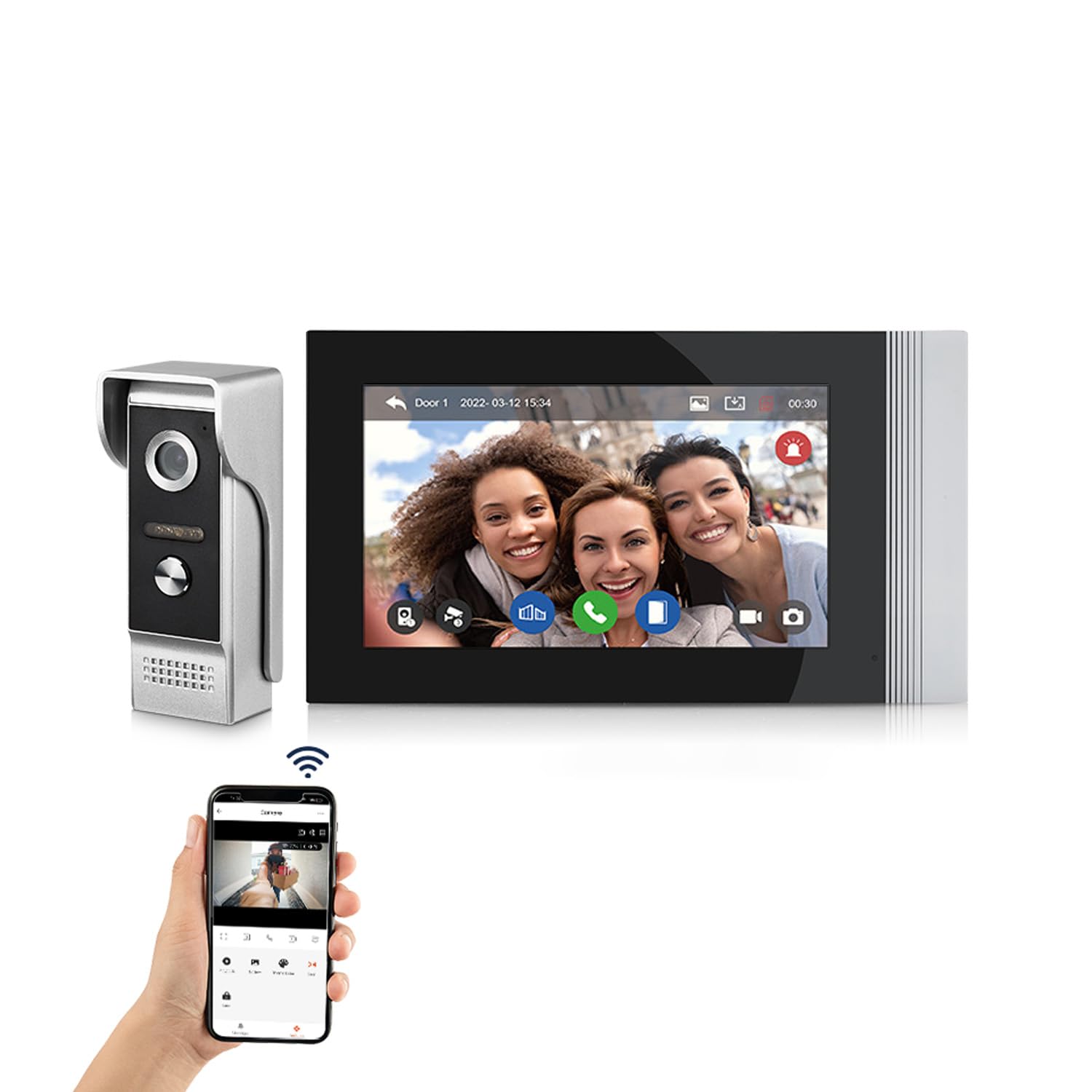 WiFi Pantalla táctil de 7 Pulgadas HD 1080p Ultrafino Inalámbrico Videoportero Timbre Video Interfono,Detección de Movimiento, Compatible con la App Tuya, Almacenamiento de Vídeo Gratuito