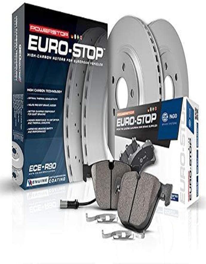 Power Stop ESK7093 Euro-Stop Rear Brake Kit- Coated Brake Rotors & Ceramic Brake Pads For Audi A3, Audi A3 Quattro, Audi A3 Sportback e-tron, VW Taos, VW e-Golf [Model Specific]