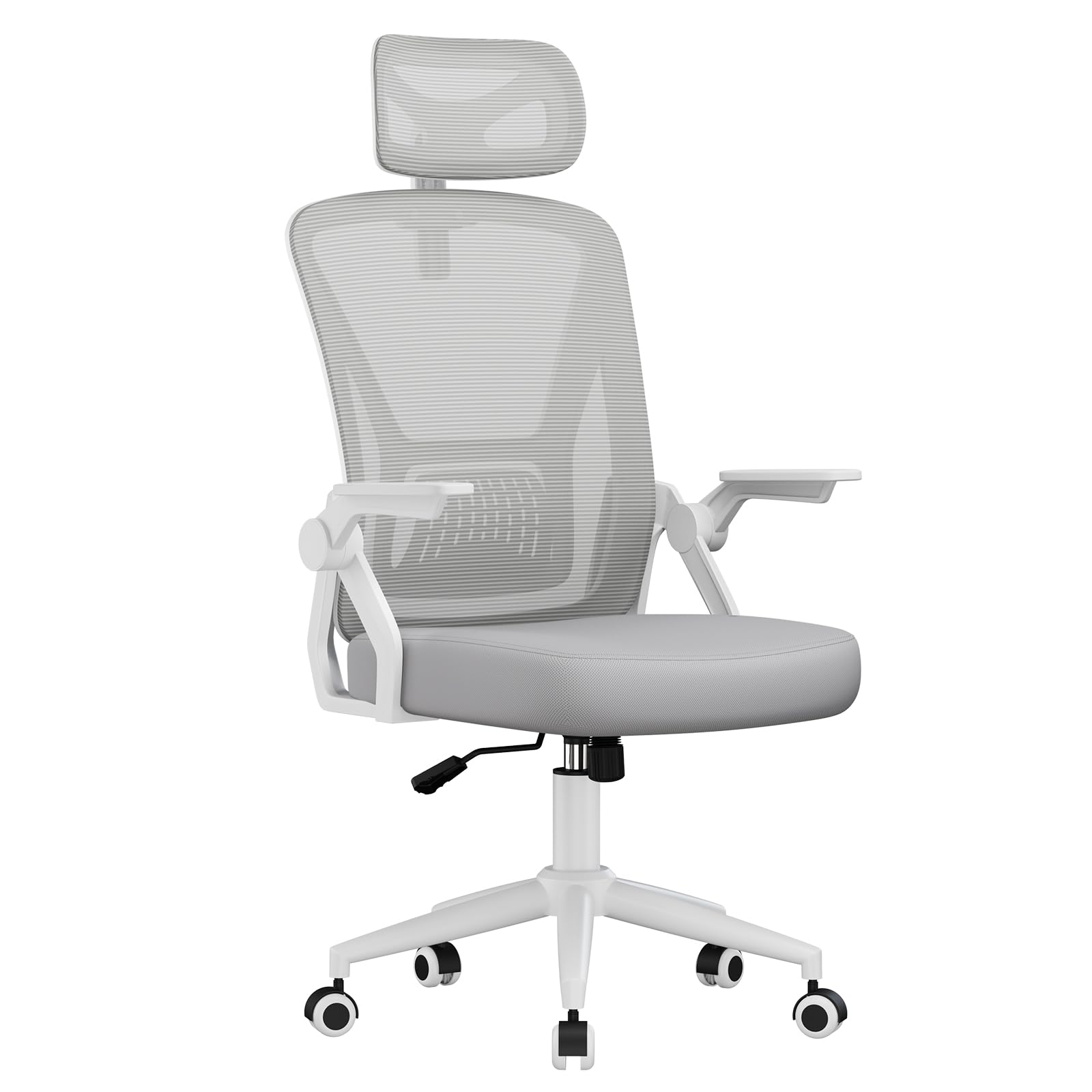 naspaluro Silla de Oficina, Silla de Oficina Ergonómica con Brazos Abatibles 90°, Soporte Lumbar de Diseño Exclusivo, Reposacabezas Ajustable, Tapicería de Malla Transpirable Escritorio, Gris