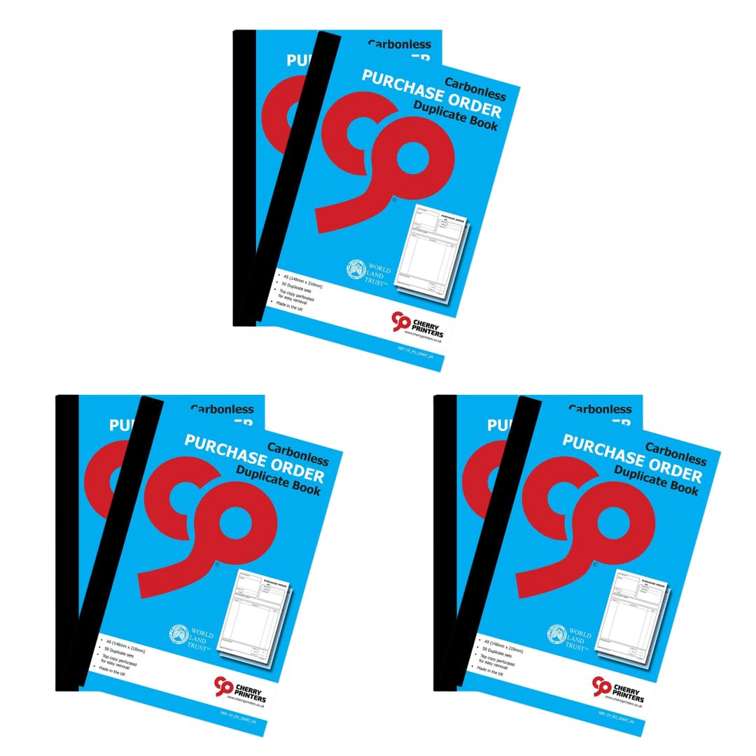 Cherry Printers | Carbonless Purchase Order Duplicate Book A5 | 2 Part NCR Order Book | 50 Duplicate Sets | Perforated Easy Tear Top Copy | Purchase Order Forms for Business Office | **6 Pack**