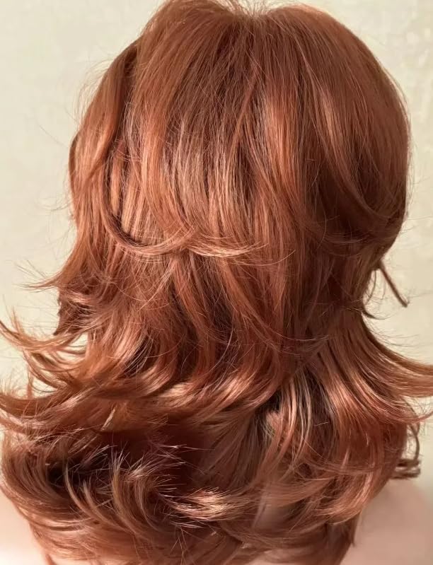 Image of Mid Length Shag Capless Wavy Layered Synthetic Hair Wigs Women Natural Auburn For Daily Use, Party, Halloween Wigs (Brown Red)