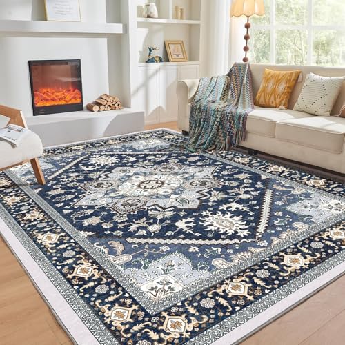 OPPODREAM Soft 6x9 Area Rugs, Washable Rug 6x9 with Non Slip Backing, Faux Cashmere Low-Pile 6 x 9 Carpet, Navy Blue & Gold