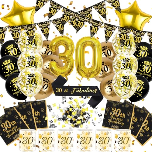 Balões 30 aniversários homem mulher, 30th Happy Birthday decoração balões pretos dourados guardanapo lanterna faixa grinalda confetes presente, decoração para homem e mulher 30 anos (enfeites de