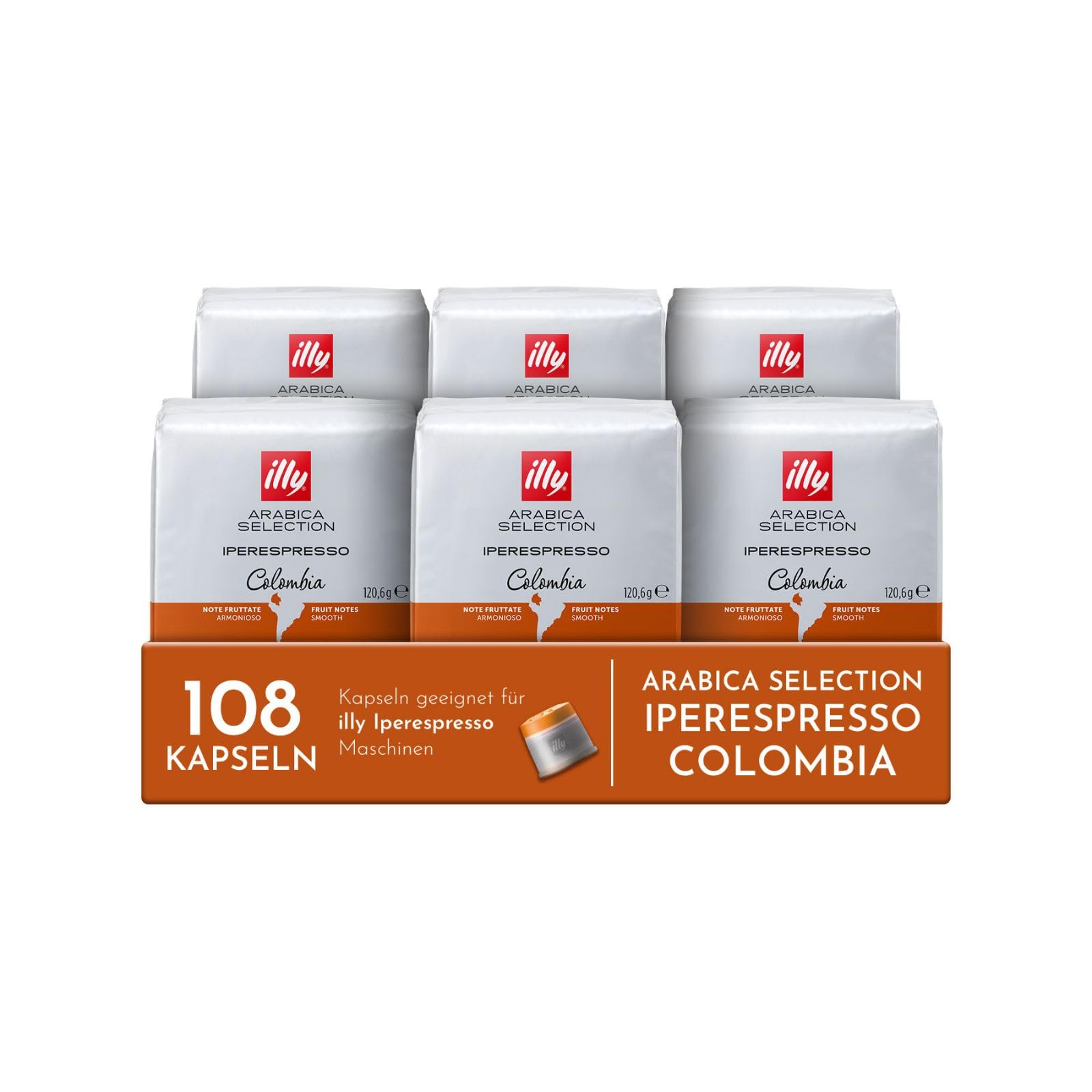 illy, Kapseln Iperespresso Arabica Selection Kolumbien, 108 Kapseln | 100% Arabica mit Fruchtigen Noten von Zitrusfrüchten und Roten Früchten, Geschmack mit Zarter Säure, 6 Packungen à 18 Kapseln