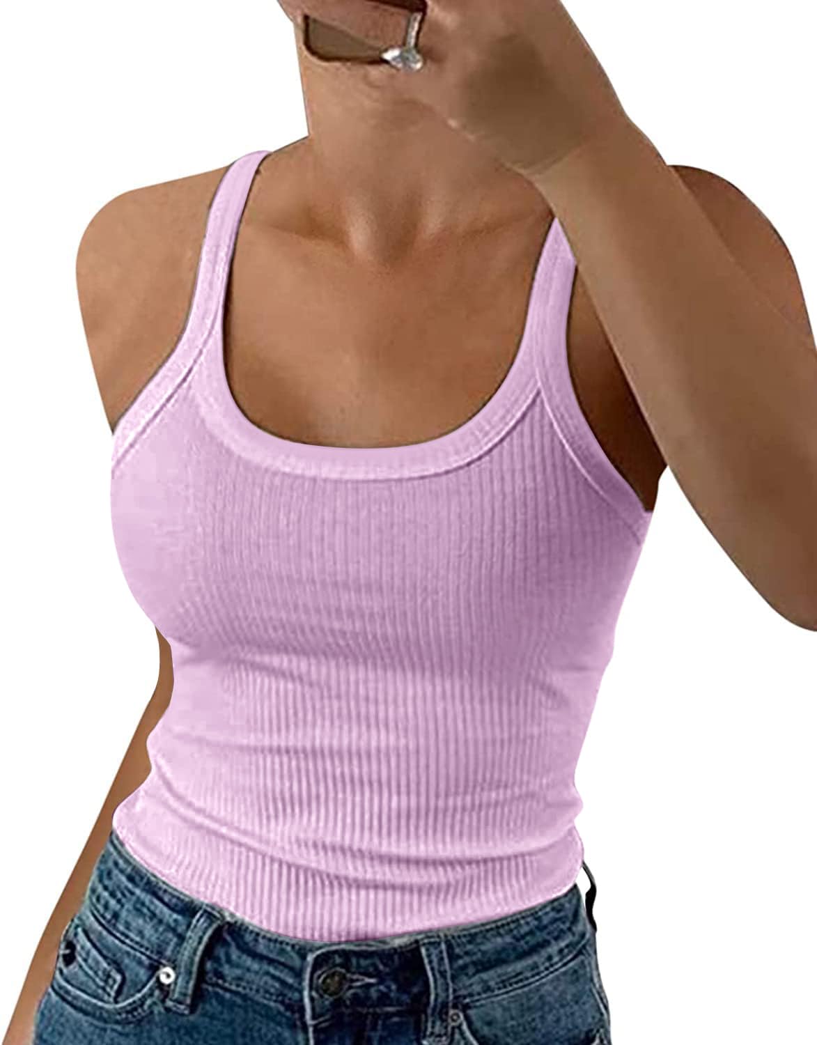 DUOEASE Spaghetti Top Damen Sommer 2025 Gerippt Rundhals Tank Top Basic Einfarbig Slim Fit Stretch Top