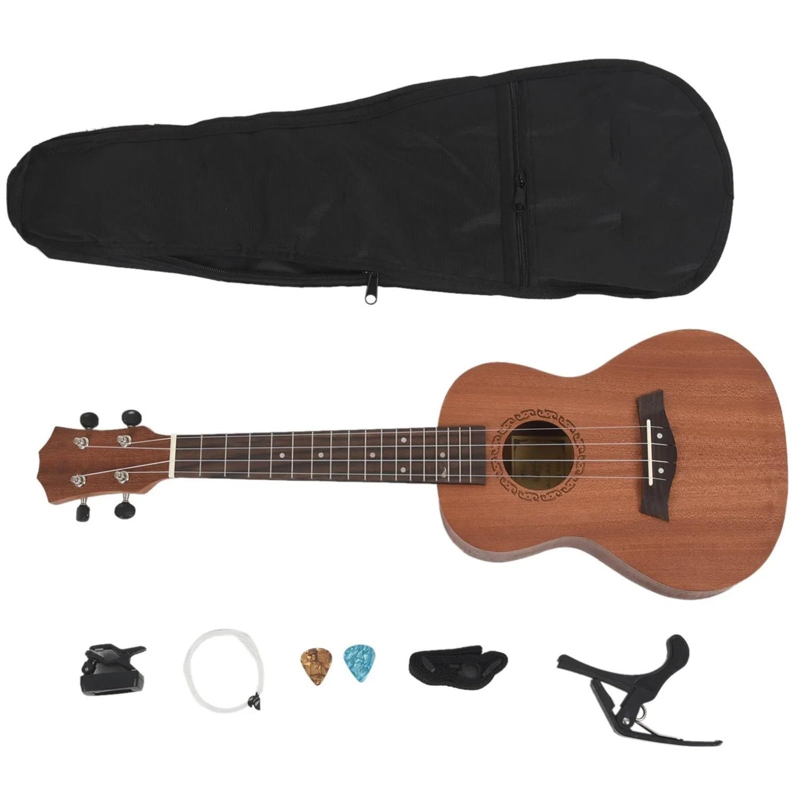Konzert-Ukulele-Kits 23 Zoll 4 Saiten Hawaiianische Mini-Gitarre Mit Tasche Stimmgerät Kapodaster Gurt Stiche Picks Musikinstrumente Ukulele Set