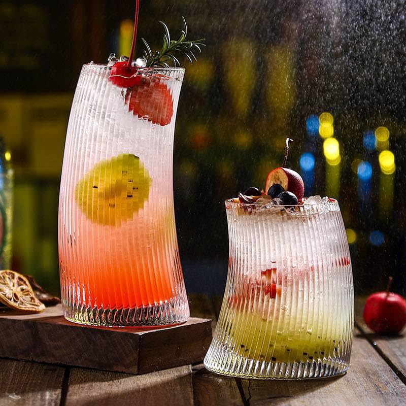 Image of Ribbed Juice Glass Set of 6-450 ML Drinking Glasses Highball Tumbler Glass for Water Cocktail Iced Coffee Beer and Mixed Drinks Transparent Home Kitchen Bar