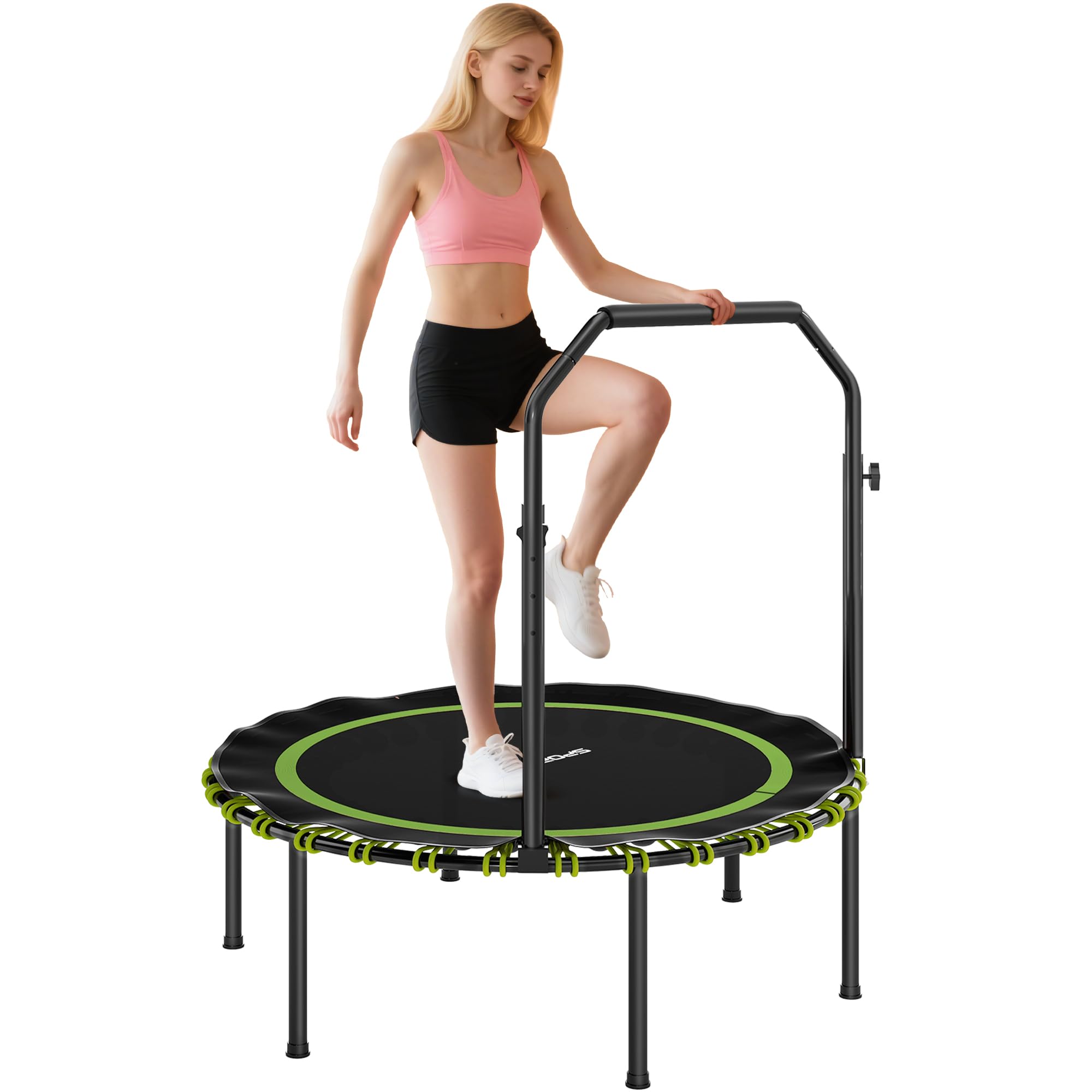 SPORTNOW 40'' Foldable Fitness Trampoline, Mini Trampoline Bungee Rebounder with 5-Level Adjustable Handle for Adults Indoor Outdoor Exercise, Max Load 150kg, Green