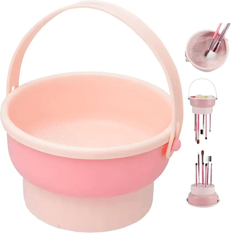 Limpador de Pincéis de Maquiagem em Silicone 3 em 1 Ateliê e Pincel de arte I Lavador de Pincéis Dobrável com Alça I Limpeza e Secagem de Pincéis I Rosa e Lilás I Lene (Rosa)