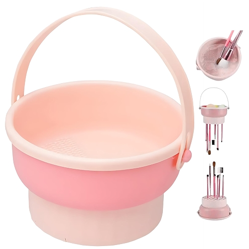 Limpador de Pincéis de Maquiagem em Silicone 3 em 1 Ateliê e Pincel de arte I Lavador de Pincéis Dobrável com Alça I Limpeza e Secagem de Pincéis I Rosa e Lilás I Lene (Rosa)