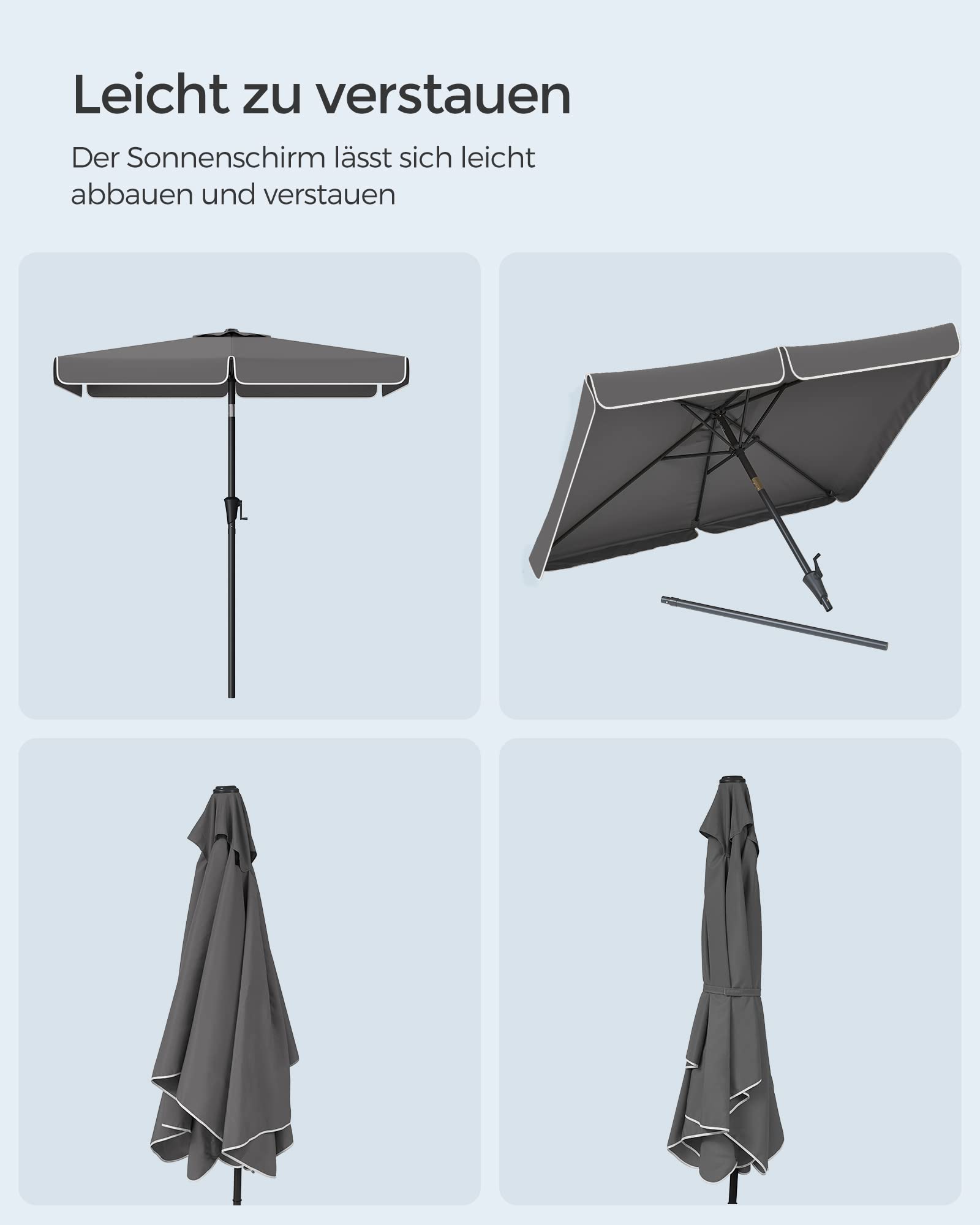 SONGMICS Sonnenschirm 200 x 150 cm, rechteckiger Balkonschirm, Sonnenschutz UPF 50+, beidseitig um 30° knickbar, für Garten, Terrasse, ohne Ständer, grau GPU048G01