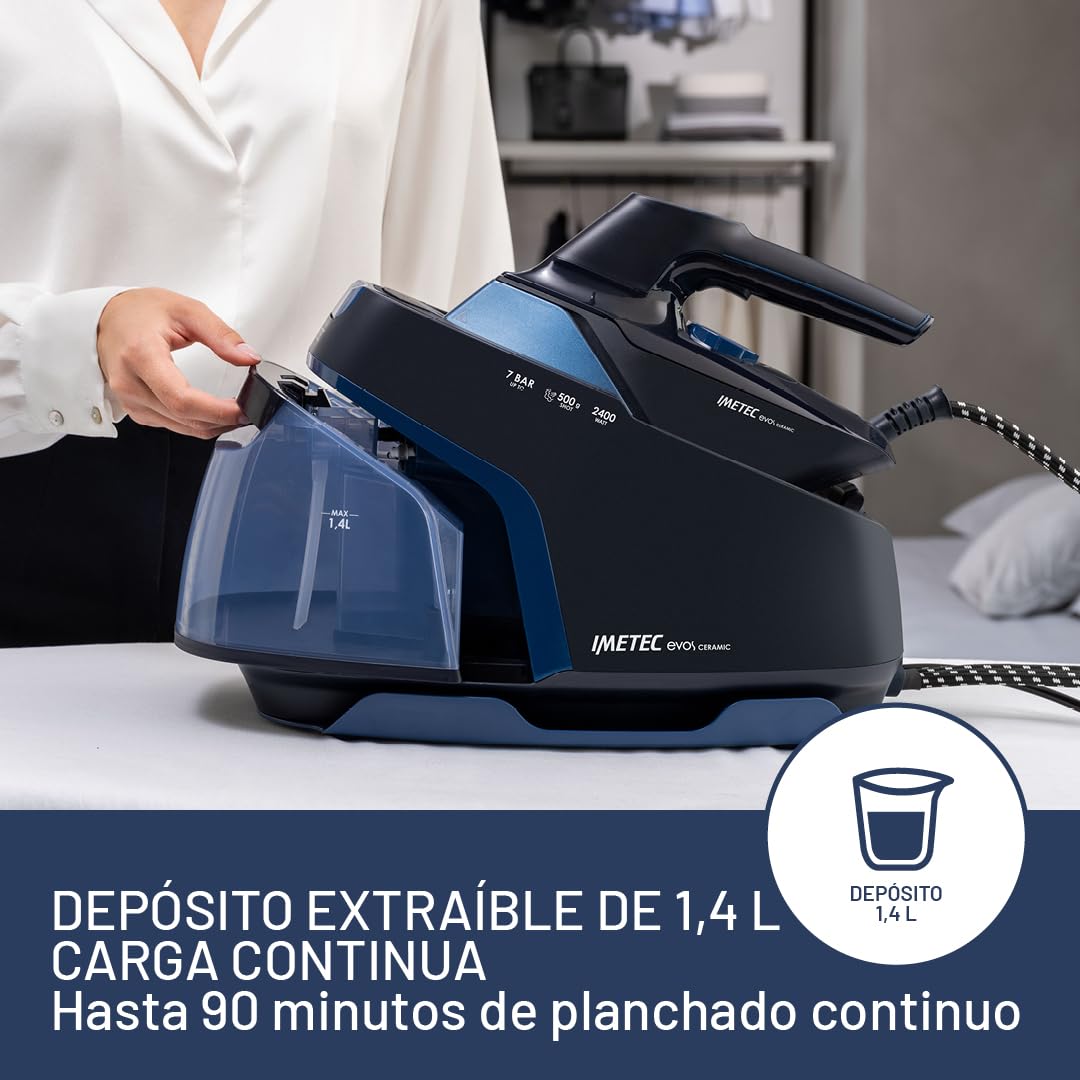 Imetec Evos Ceramic Plancha con Caldera, Presión de hasta 7 bares, Tecnología Flash Steam, Golpe de Vapor de 500 g, Placa Deslizante Infinity Glide Ceramic, 2400 W, Antical, Recarga continua