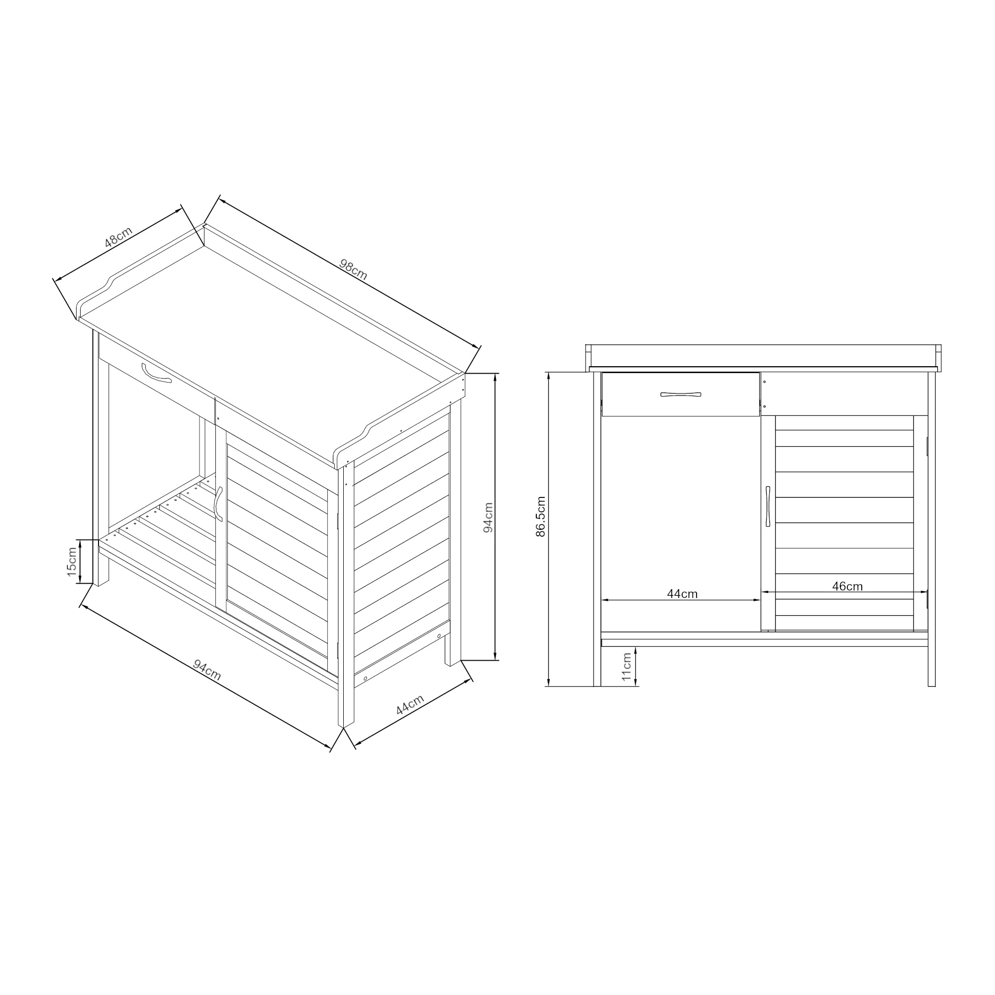 casa.pro Mesa de Jardinería Aliano con 2 Compartimentos Cerrados 1 Cajón Extraíble Mesa Auxiliar Jardín para Plantación Mesa de Cultivo Madera de Abeto Acero 98x48x94 cm - Gris