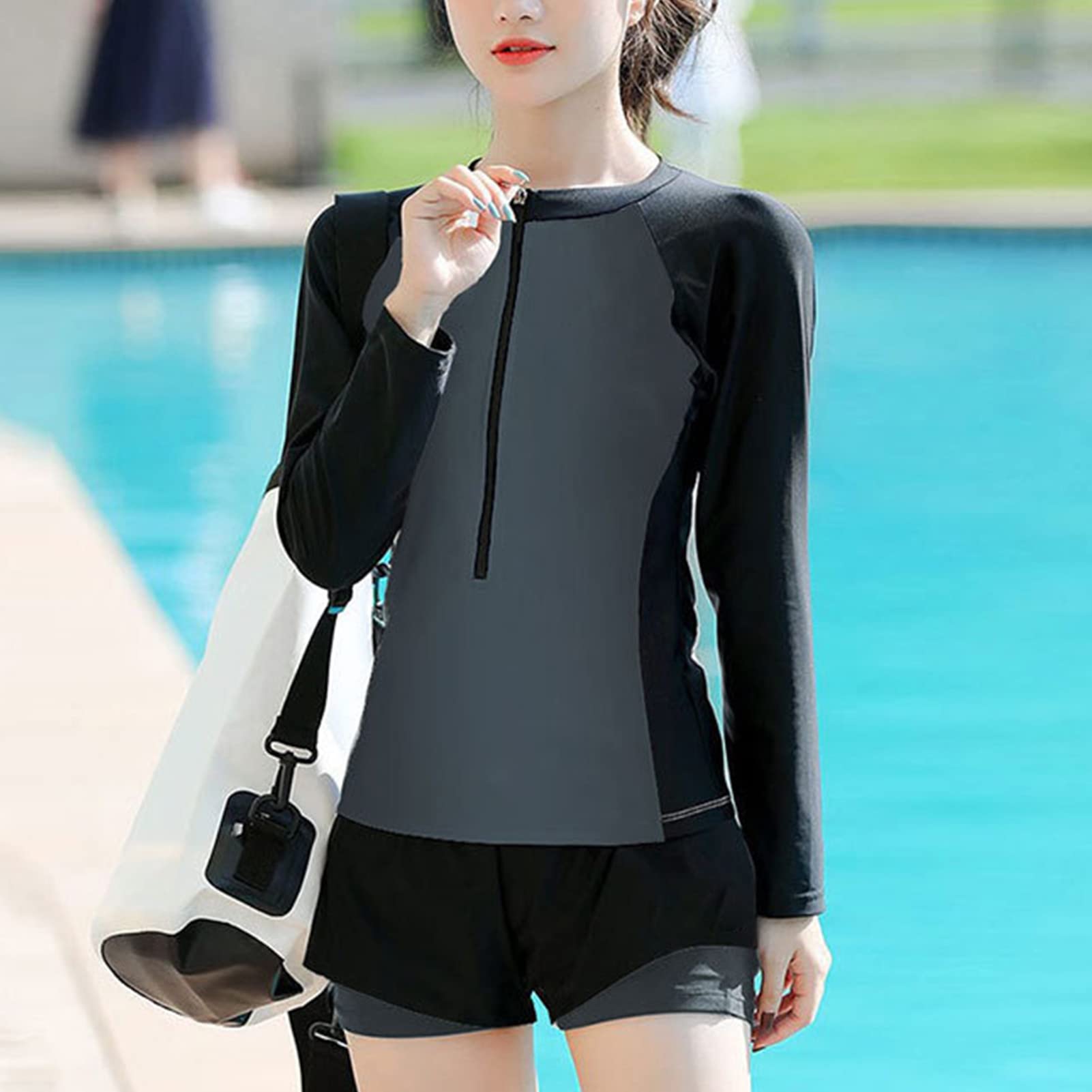 Traje de baño de dos piezas para mujer manga larga protección solar cuello redondo secado rápido deportivo